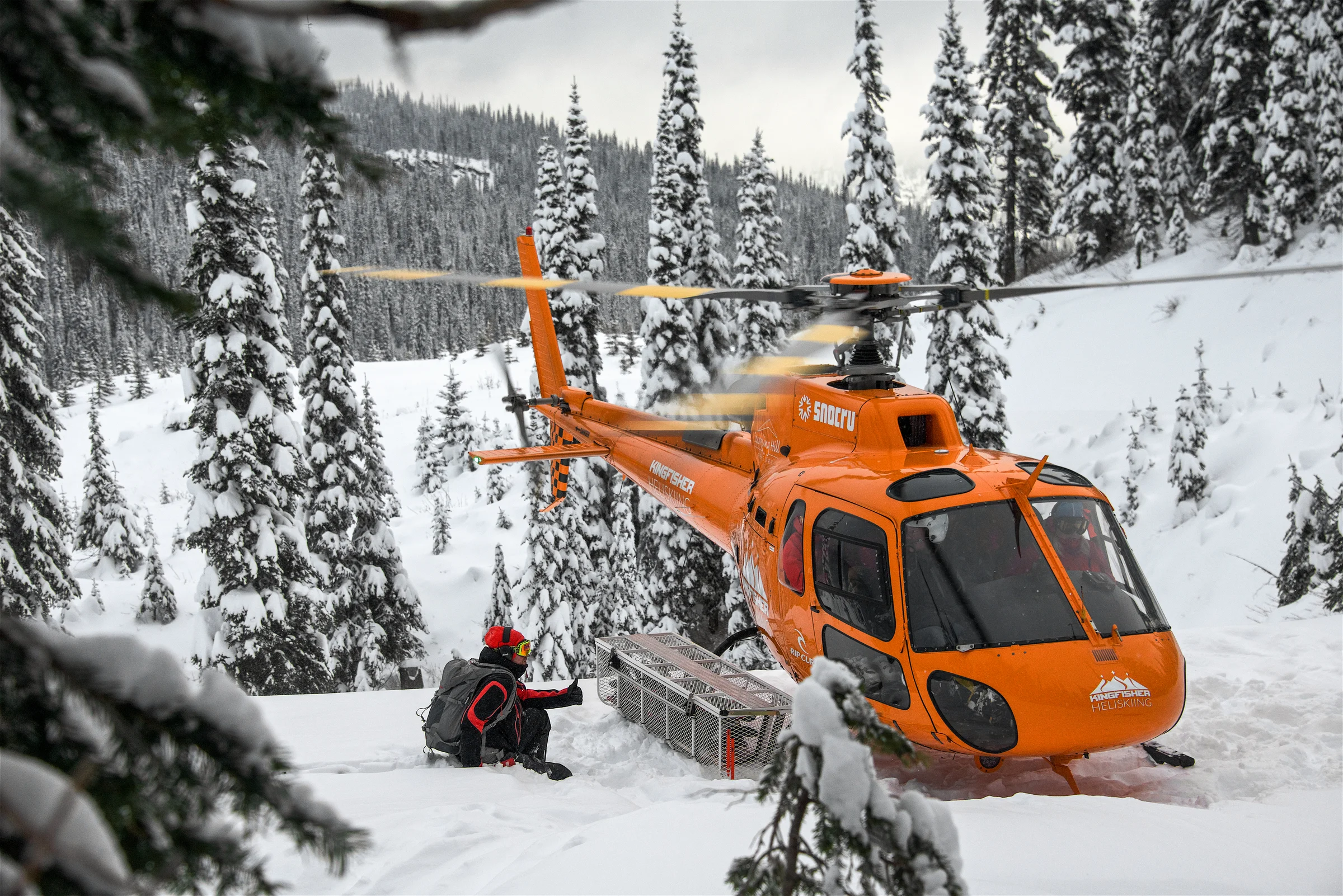 Helicopter loaded with gear before a day of heli-skiing