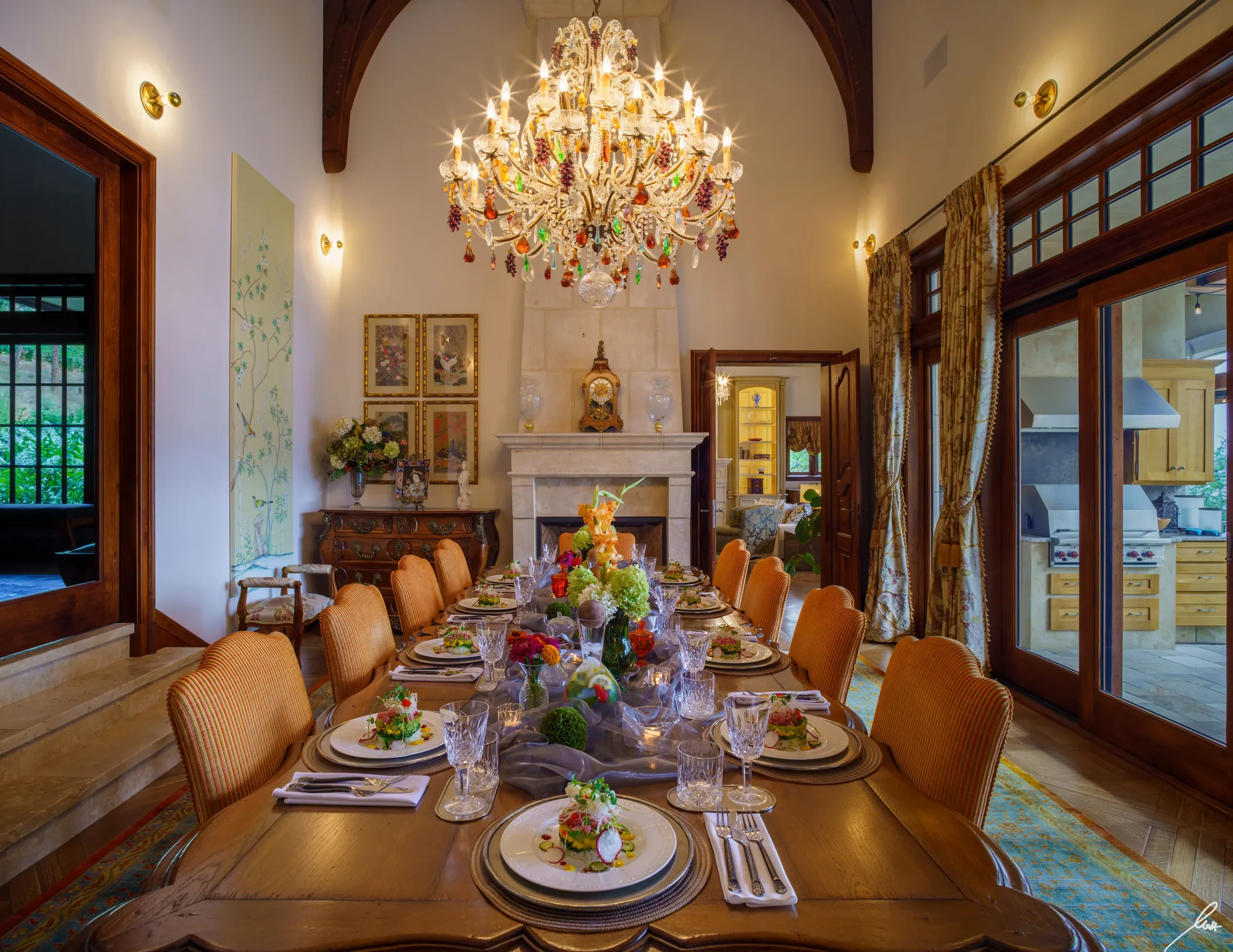 The dining room at Château Okanagan set for a long table dinner