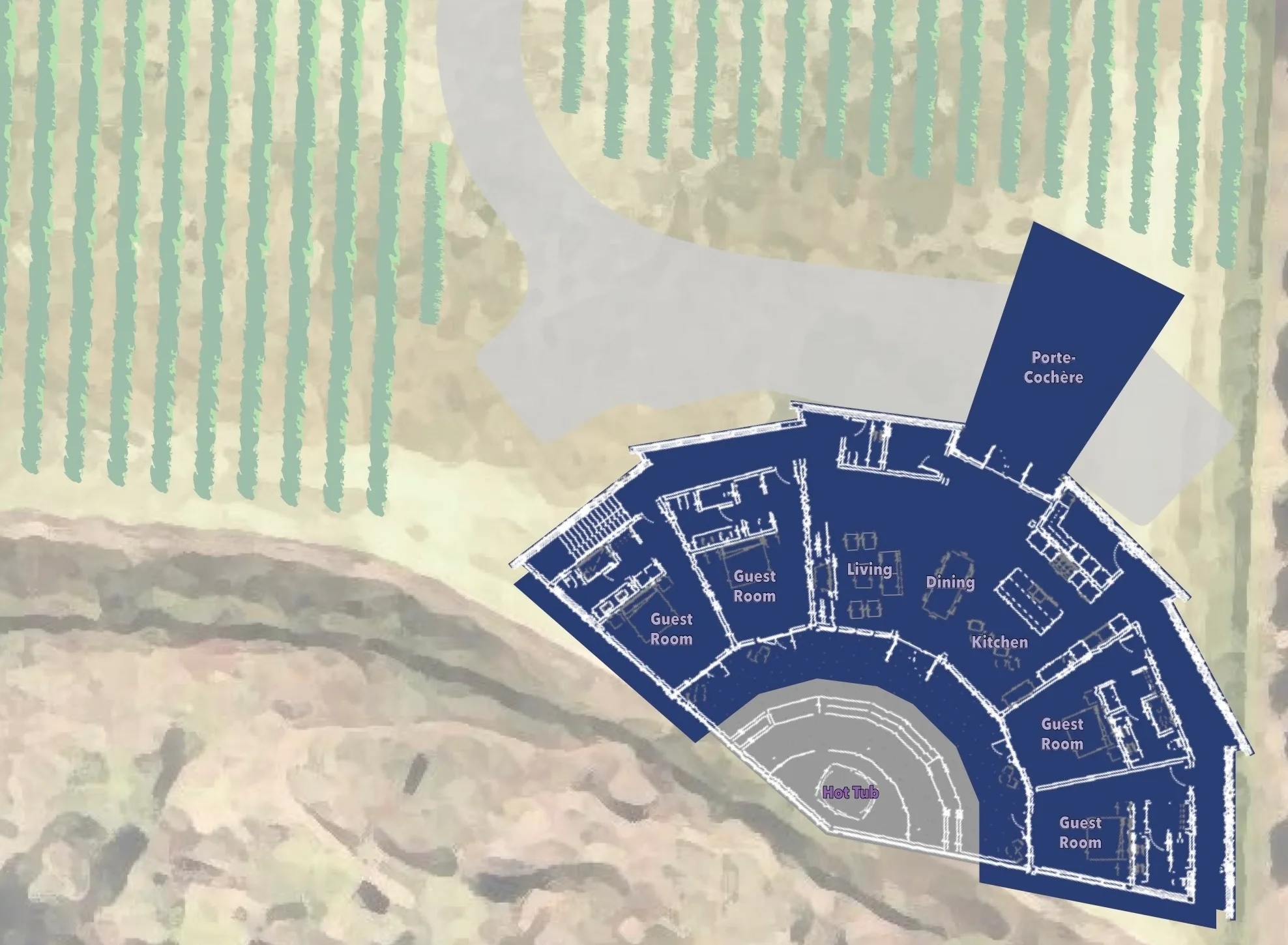 Estate Villa floor plan showing four guest rooms, living and dining areas, kitchen, hot tub, and porte-cochère