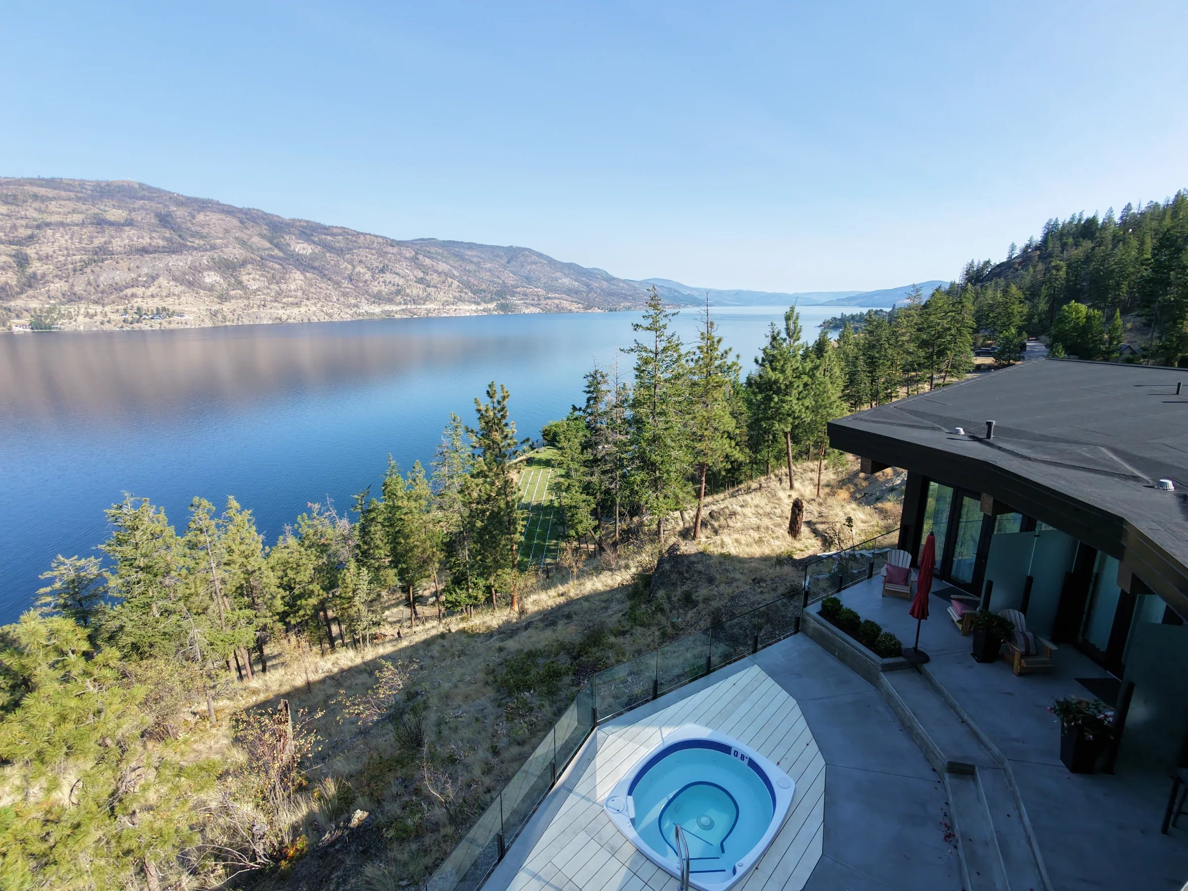 Aerial view of the Estate Villa hot tub deck and lake